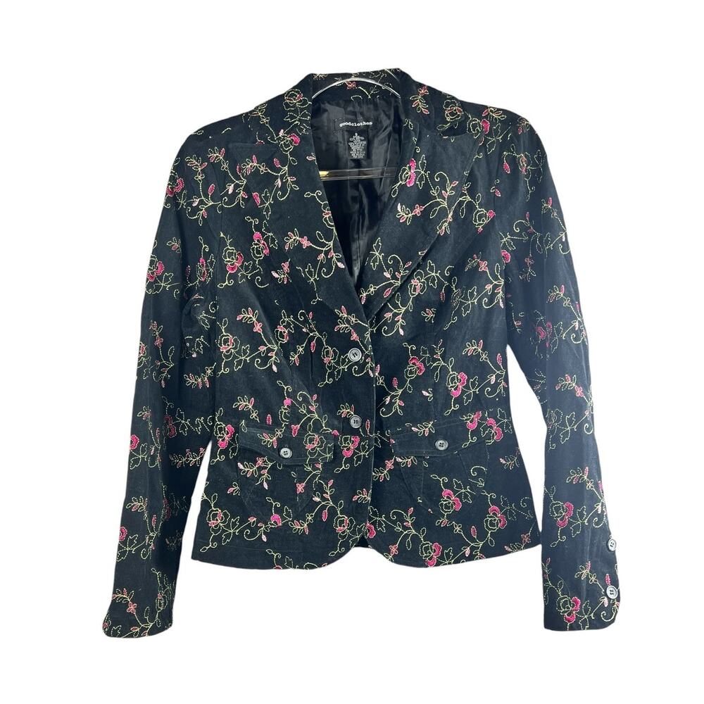 Vintage Floral Embroidered Corduroy Blazer Black Indie Jacket Small
